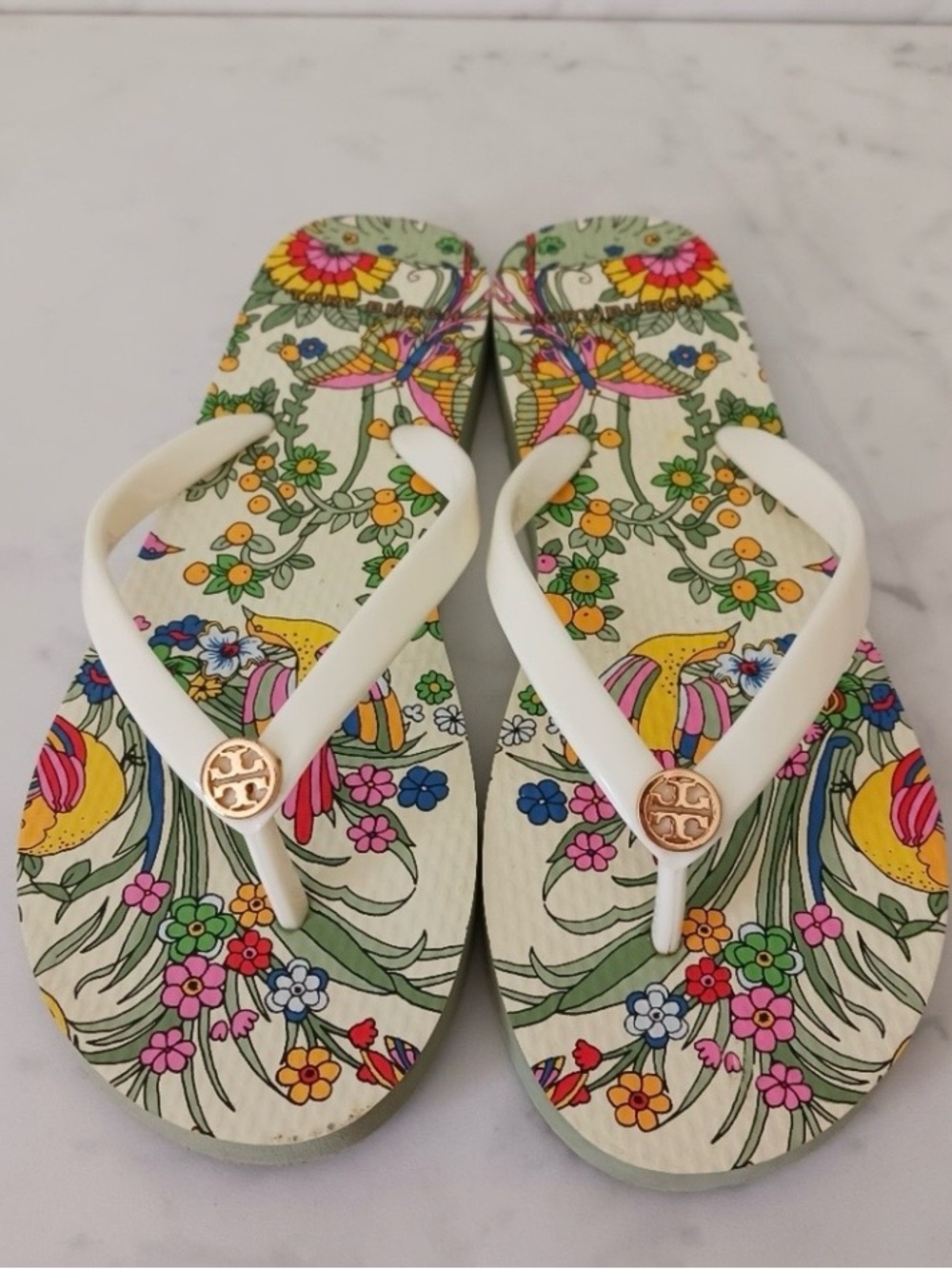 Tory Burch White Floral Print Flip Flops with Gold Logo Size 9